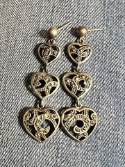Old Vintage Dangle Sterling Silver Triple Heart Marcasite Earrings