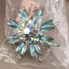 Vintage Judy Lee Rhinestone Brooch Clip On Earrings Set Blue Flower Original Box