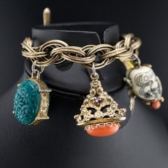 Vintage Selro Selini Asian Motif Noh Mask Charm Bracelet 1950s MCM 6.5″ Chunky
