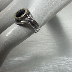 Vintage Two-Tone Sterling Silver & 14K Gold Black Onyx Bypass Ring Size 5 , 3.8g