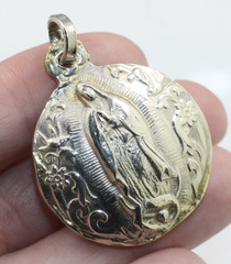 Vintage double sided silver tone Our Lady Mother Mary pendant Catholic charm