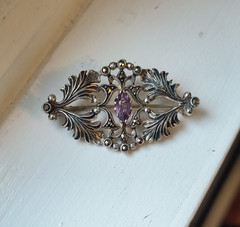 Art Deco Amethyst & Sterling Silver Vintage Brooch, Marcasites, ANtique Style