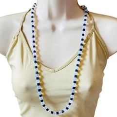 VTG Opalescent Necklace Opalite Art Glass cobalt blue beaded Beads Collar 32″L