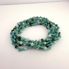 Vintage Multi 6 Strand Green Blue Glass Beads Necklace Bracelet Set Coastal Boho