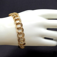 Fancy Double Circular Link Fancy Curb Shiny Gold Tone Vintage Chain Bracelet