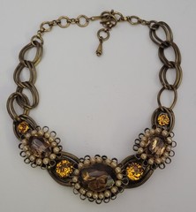 Vintage Statement Collar Necklace Topaz Colored Stones w/Pearls Goldtone Metal