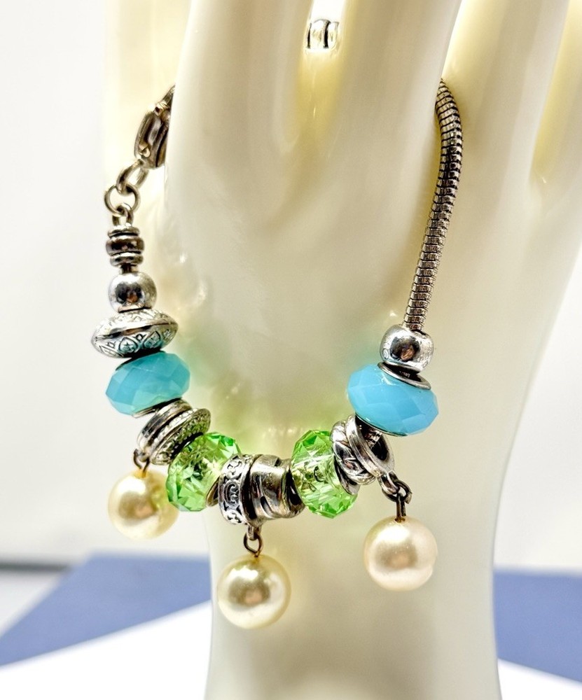 Vintage Charm Bracelet Silver Toned Glass Beads Metal Dangle Charms Blue Green