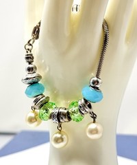 Vintage Charm Bracelet Silver Toned Glass Beads Metal Dangle Charms Blue Green
