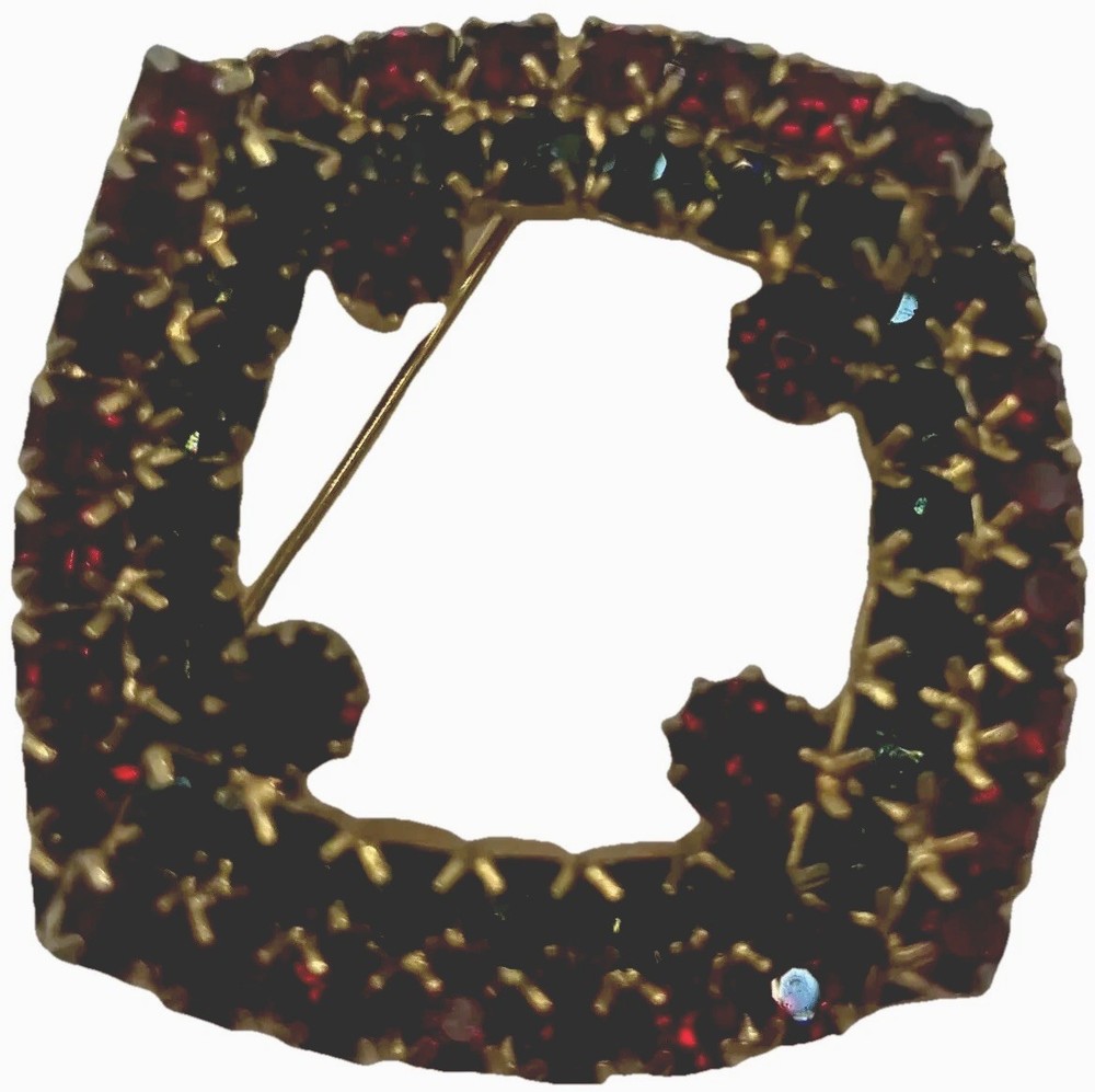 Julliana Brooch Red annd Green Stones Square 2 Layer Vintage