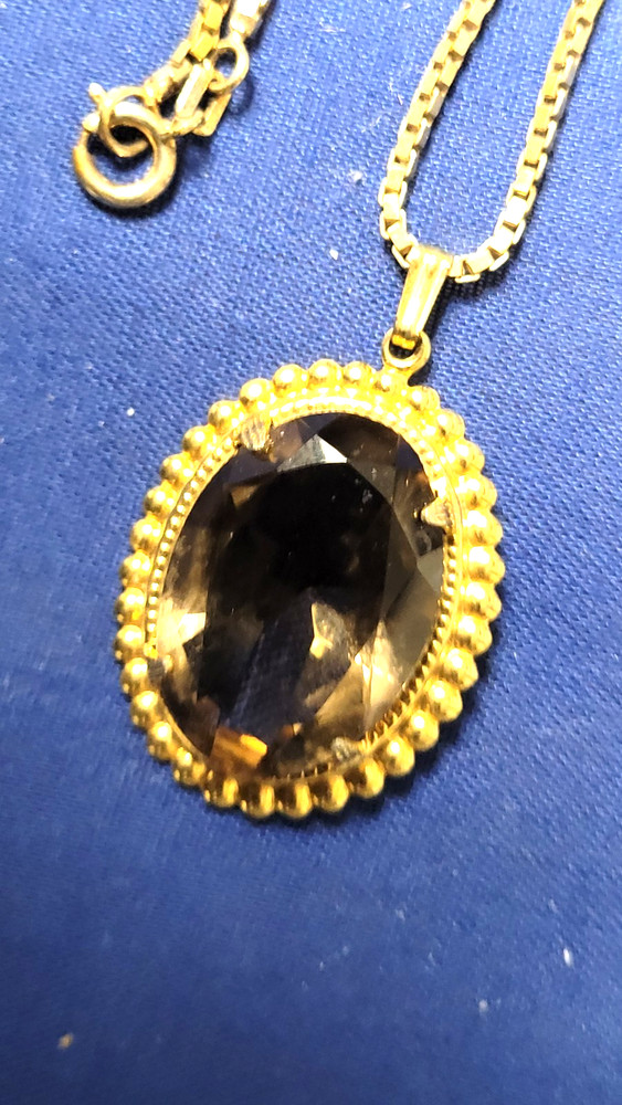 Gold Smoky Quartz Pendant 18 mm x 25 mm With GF Chain Necklace