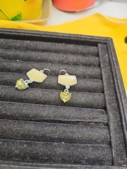 Earrings-Pierced French Wire Silvertone Geometric Yellow Glass Stones Green…