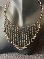 Bronze tone Fringe Chain Choker Collar Necklace multicolored beads f37