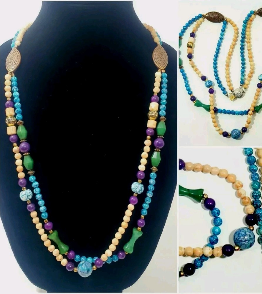 VTG 30″ Bohemian Artisan NECKLACE Stone & Glass Beaded Double-Strand 1980s