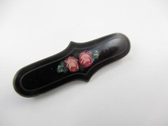 Vintage Sterling Silver Black Enamel & Pink Rose Small Bar Pin, Brooch 1-1/8″