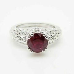 Art Deco Style Round Red Garnet & Lab Created Diamond Engagement 925 Silver Ring