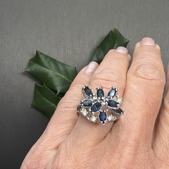 Vintage Spray Ring Estate Fine Jewelry Sz 7 18K White Gold Plated Blue Marquise