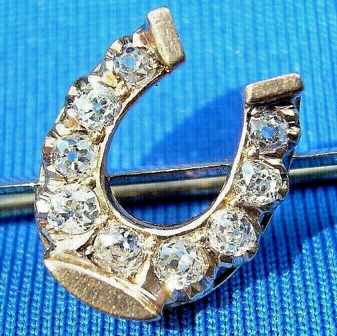 Original EARTH MINED DIAMOND Deco Horseshoe Brooch Equestrian PIN SOLID 14K GOLD