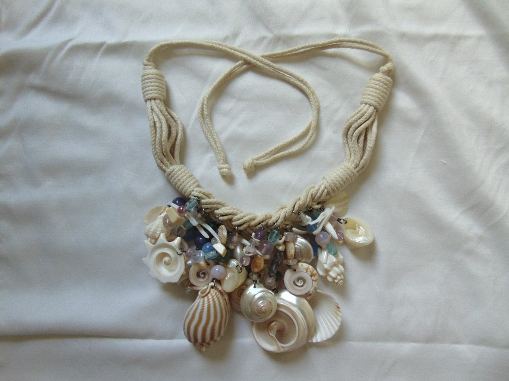Statement Seashell Large Bib Necklace Woven Cord Unique Dangling Shells BOHO