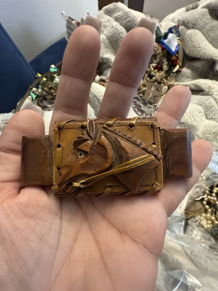 Vintage Hand Carved Brown Wood Horse Head Equestrian Pin Leather 30s Deco Brooch
