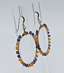 925 Open Circle Earrings 1.25in Drop Sterling Silver Wrapped Purple Gold Crystal