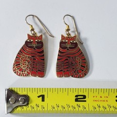 Vintage Laurel Burch Red Shambala Cat Gold Tone Enamel Dangle Hook Earrings