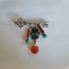 Vintage Chinese Chatelaine Key Brooch Pin Silver Turquoise Coral Carnelian Jade