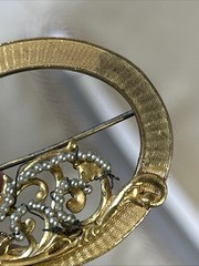 53. Vintage Miriam Haskell Gold tone Faux Pearl Oval Open Work Pin 45mm. As Is