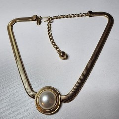 Vintage Signed Park Lane Gold Tone Faux Pearl Serpentine Choker Necklace Snake