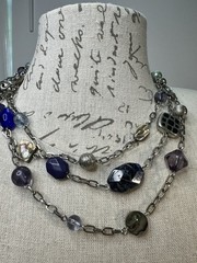 VTG Lia Sophia Blue Glass & Abalone 3 Layers Silver Tone Necklace Signed
