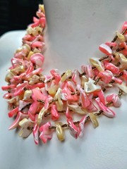 Vintage Hot Pinks Polished Shells Necklace Japan Hook Clasp Multi Strand Japan