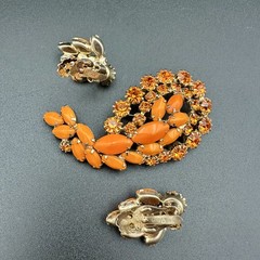 Vintage WEISS Bright Orange Rhinestone Brooch & Clip-on Earrings Jewelry Set