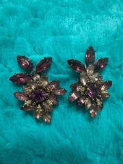 Vintage Butterfly Rhinestone Brooch Pin & Clip-On Earrings Set Purple Clear Gold