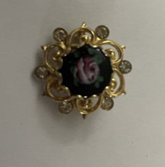 Vintage Romantic Rose & Black Enamel Gold Tone 3-Piece Brooch & Earrings Set JW1