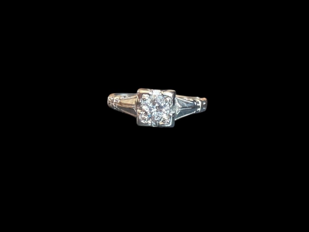 Signed Art Deco 18K White Gold .25ct Round Diamond Engagement Ring Size: 6