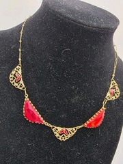 Vintage Czechoslovakia Red Faceted Glass W/Red Enamel Filigree Goldtone Necklace