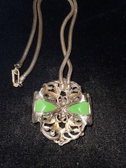 Selro Selini Unsigned Green Art Glass Rhinestone Pendant Necklace Chunky Funky