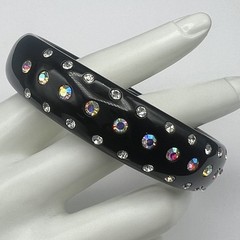 Vintage Black Acrylic Lucite AB Rhinestones Domed Bangle Bracelet Size 8″