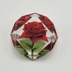 VTG reverse-carved Lucite Brooch Red Rose Leaves Faceted Octagonal Acrylic 1950s