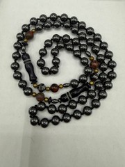 VINTAGE HAND KNOTTED HEMATITE AGATE BLACK SAND STONE LINK BEAD NECKLACE 30″