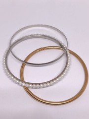 Vintage Bangle Bracelet Set of 3 Faux Pearl Gold Tone Silver Tone Stackable Bang