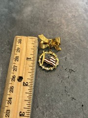Vintage Goldtone Bow W/ Dangle Circle Lined W/Crystals & American Flag Brooch