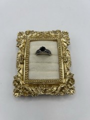 Vintage Gothic Black Stone Ring Size 7 Silver Tone Scroll Filigree Victorian