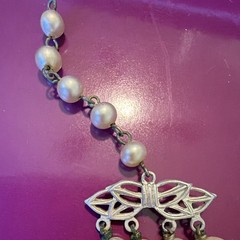 4 strand Layered faux Pearl Necklace White/Silver Bow Hook Closure 2-toned Japan