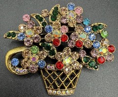 Multicolor Rhinestone Flower Basket Brooch Gold Tone Bouquet Costume Jewelry
