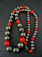 Necklace Vintage Silver Plated Metal with Red Beads Graduated in Size Necklace
