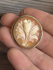 Vintage Antique Carved Shell Cameo Brooch Pendant Floral Tulips 800 Silver