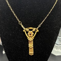 Vintage 12k Gold Filled Pocket Watch Chain Mesh Necklace FOB, Dog Clip, Red Gem
