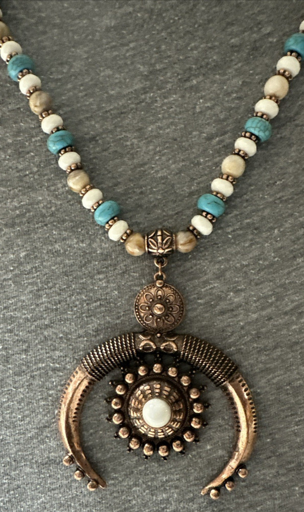 Shyanne Southwestern Style Bead Necklace Copper Tone Squash Blossom Pendant n602
