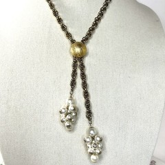 VTG Gold Tone Pearl Lariat Necklace Working Slide Y drop Dangle Cluster NICE