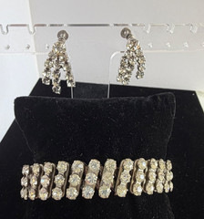 Clear Rhinestone & Silver Tone Stretch Cuff Bracelet & Fringe Screw Earrings VTG